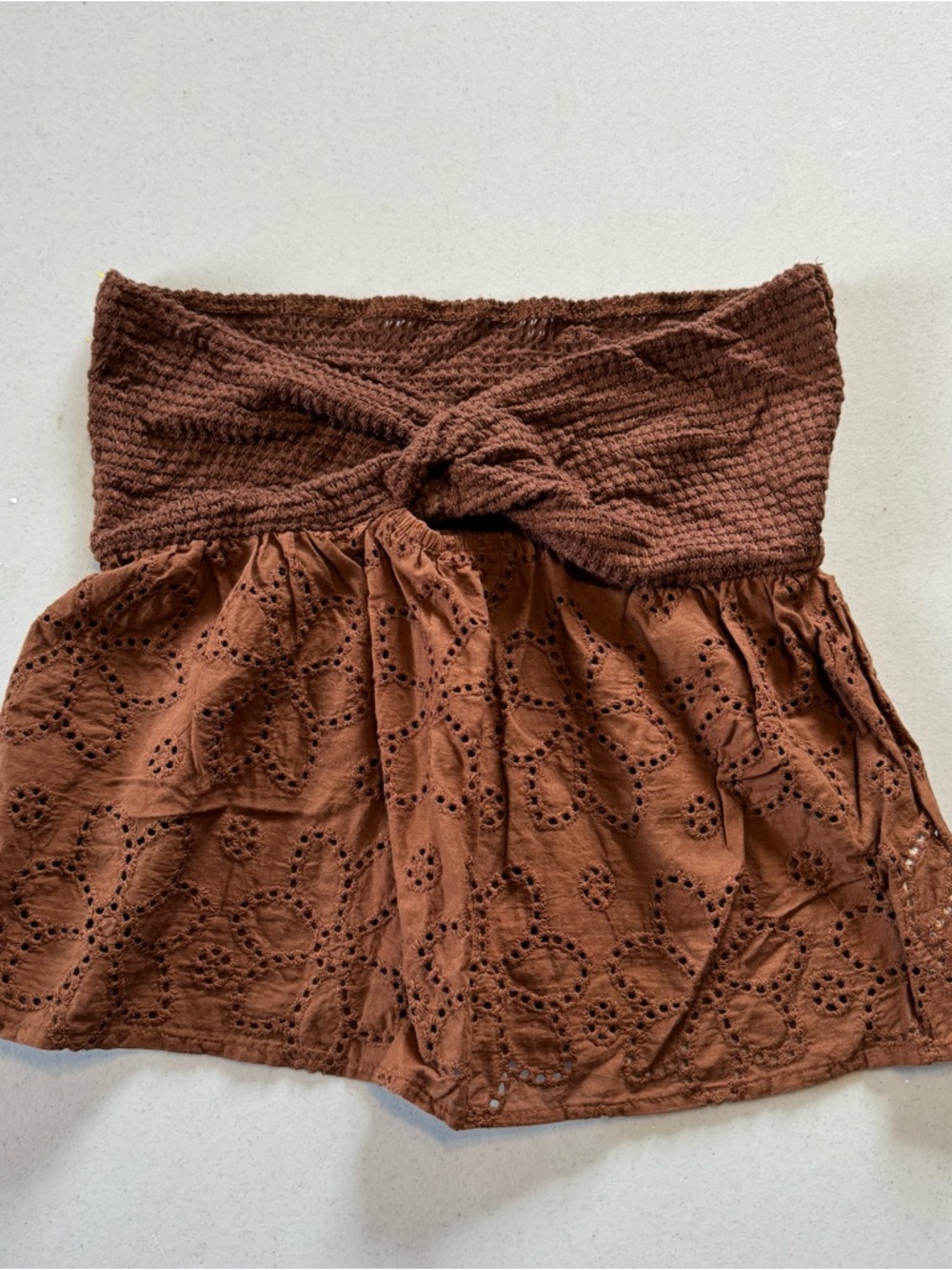 Brown Eyelet Tube Romper with Twist Knit Waistband